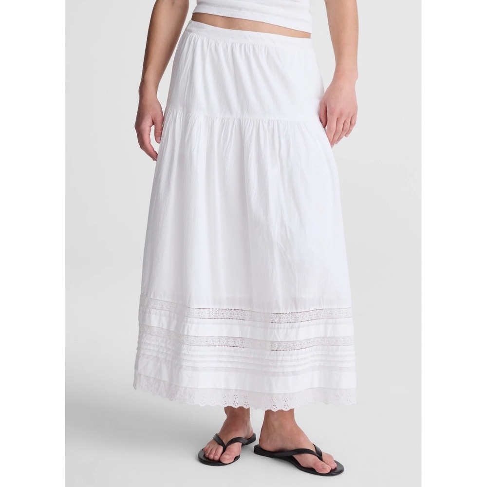Madewell Womens White Eyelet Lace Pintucked Midi Peasant Boho Midi Skirt XS New